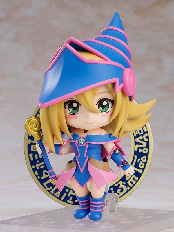 Yu-Gi-Oh! Nendoroid Dark Magician Girl Figure Rerelease with blue and pink magician outfit, oversized hat, staff, and chibi-style design