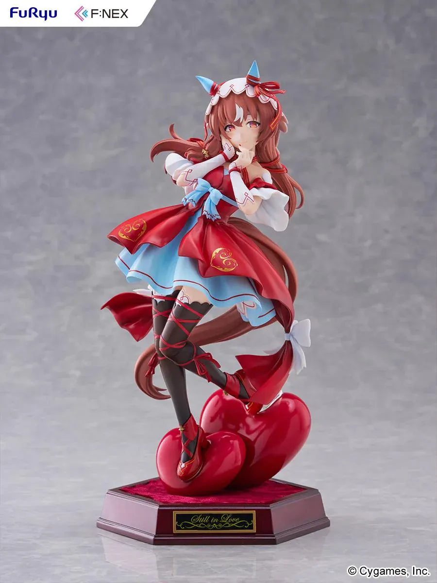 Umamusume Pretty Derby Still in Love 1/7 scale figure in a red and blue performance outfit on a heart-shaped display base