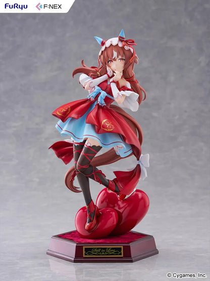 Umamusume Pretty Derby Still in Love 1/7 scale figure in a red and blue performance outfit on a heart-shaped display base