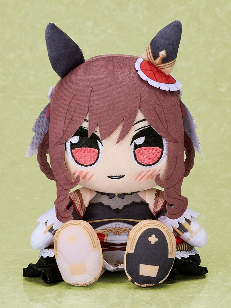Umamusume Pretty Derby Kuripan Gentildonna plushie with reddish-brown hair, red eyes, horse ears, and an ornate black-and-white outfit.