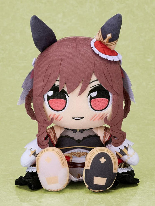Umamusume Pretty Derby Kuripan Gentildonna plushie with reddish-brown hair, red eyes, horse ears, and an ornate black-and-white outfit.