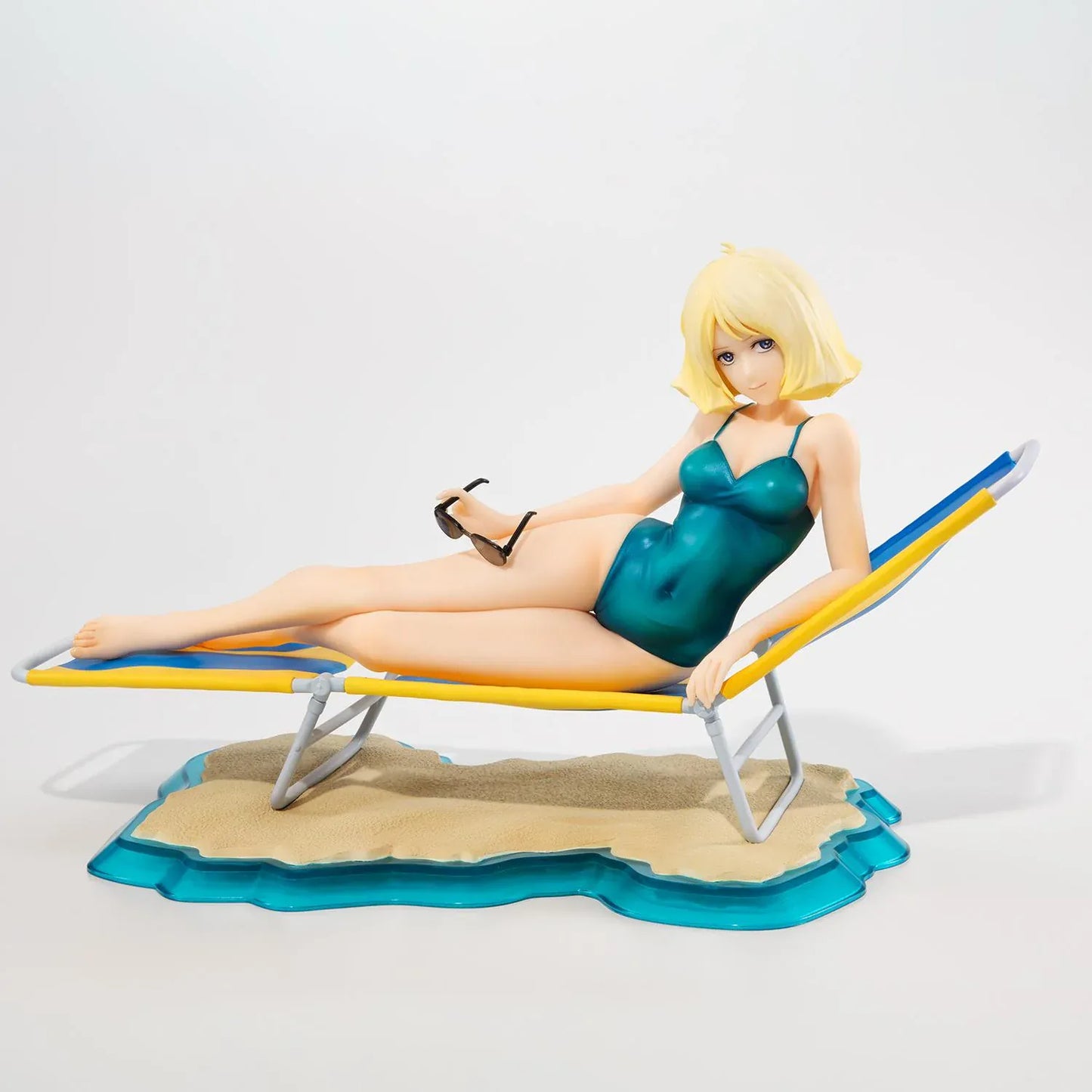 Mobile Suit Gundam Gundam Girls Generation Sayla Mass Break Time Reissue featuring Sayla lounging on a beach chair with teal swimsuit, sunglasses, and beach-themed display base.