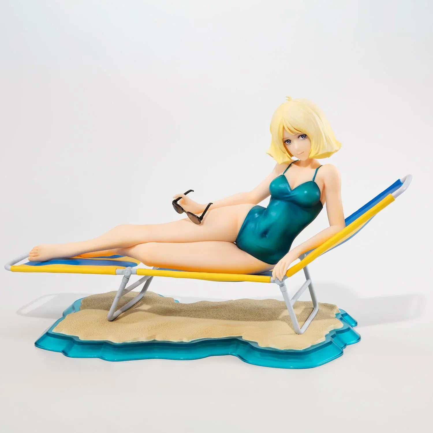 Mobile Suit Gundam Gundam Girls Generation Sayla Mass Break Time Reissue featuring Sayla lounging on a beach chair with teal swimsuit, sunglasses, and beach-themed display base.