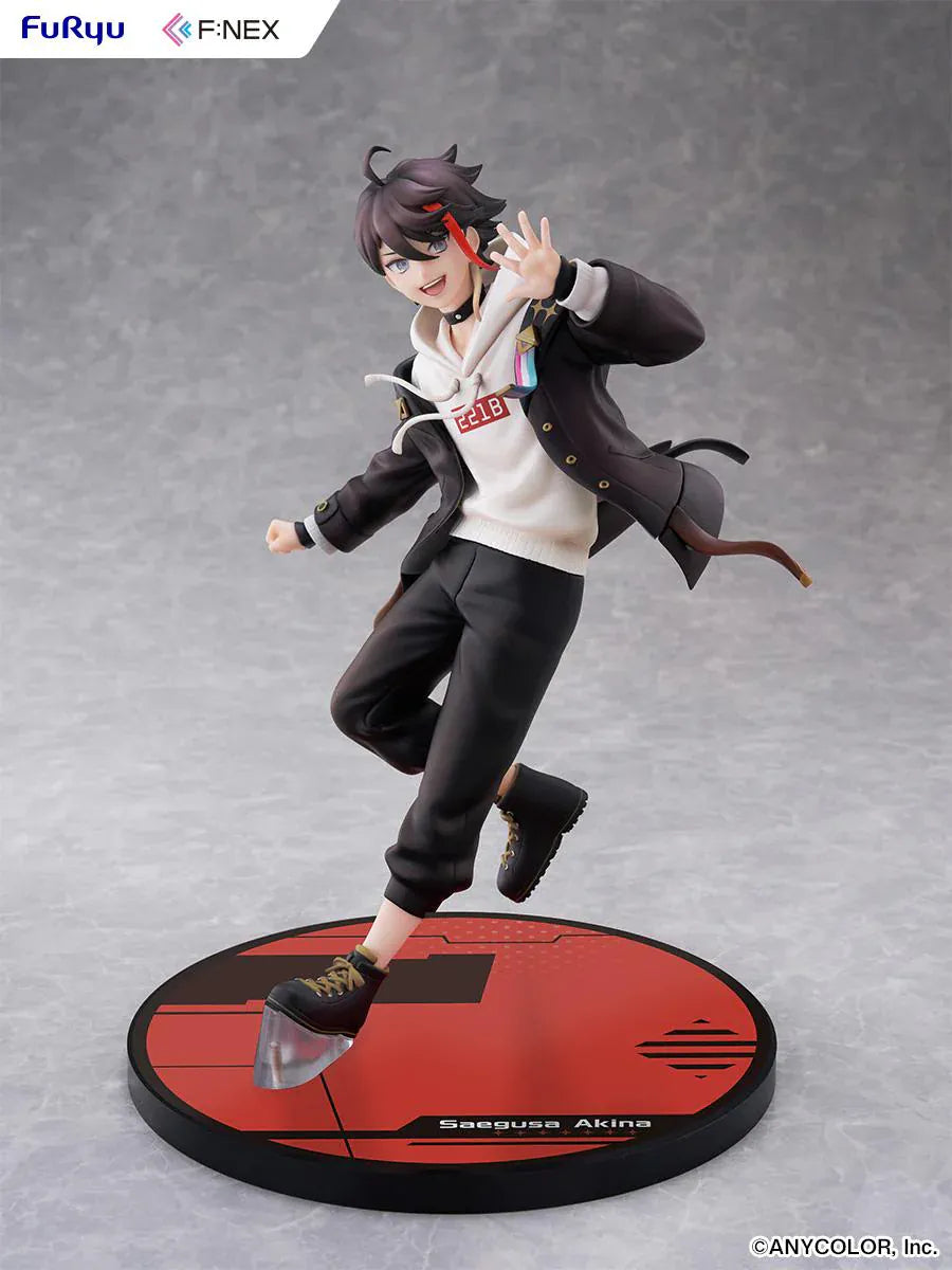 Nijisanji Saegusa Akina 1/7 Scale Figure with black jacket, white hoodie, red accent, dynamic pose, and character-themed display base