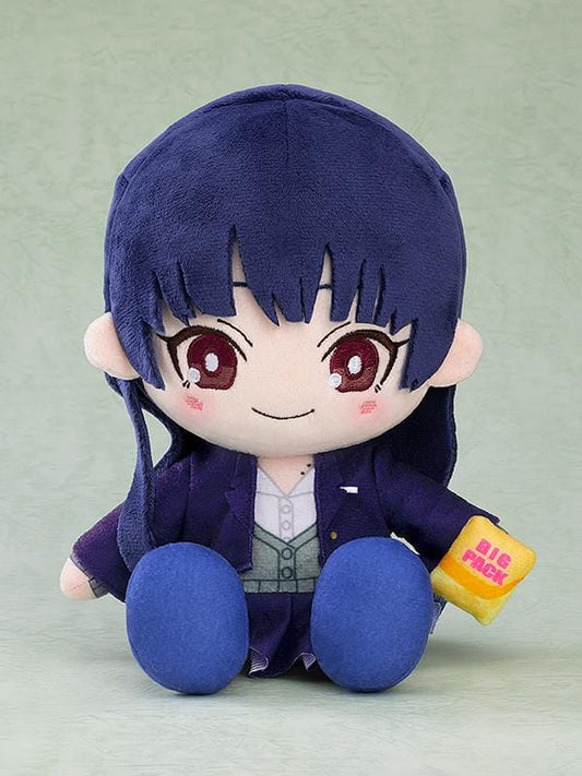 The Dangers in My Heart Anna Yamada plushie rerelease version sitting with school uniform and snack accessory