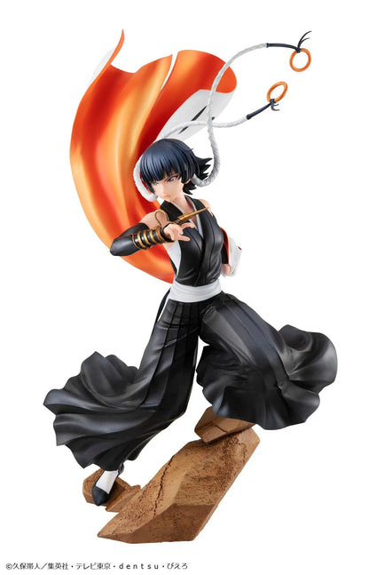 Bleach Gals Series Sui-Feng rerelease figure in a dynamic combat pose with her arm-mounted weapon, flowing uniform, and rocky base.