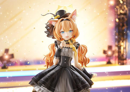 Scale figure of Mari from Blue Archive in her Pop Idol outfit, wearing a black and gray frilled dress with cat ears, hat, and ribboned heels on a yellow base.