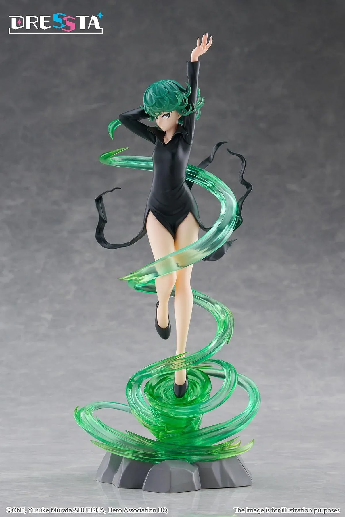 Terrible Tornado Dressta figure floating in a black dress surrounded by translucent green psychic energy effects on a rocky base.