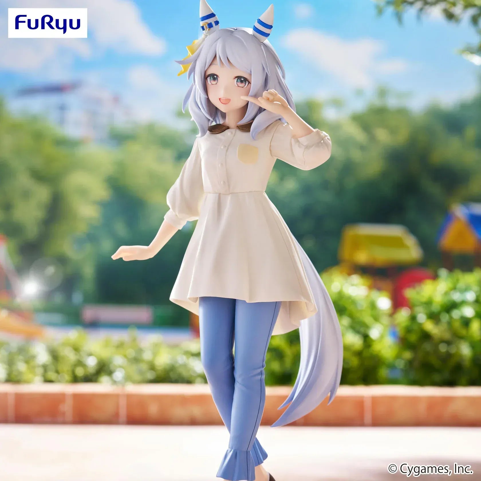 Trio-Try-iT Hishi Miracle figure from Uma Musume: Pretty Derby in a cream tunic and blue pants, smiling and posing in a casual park scene.