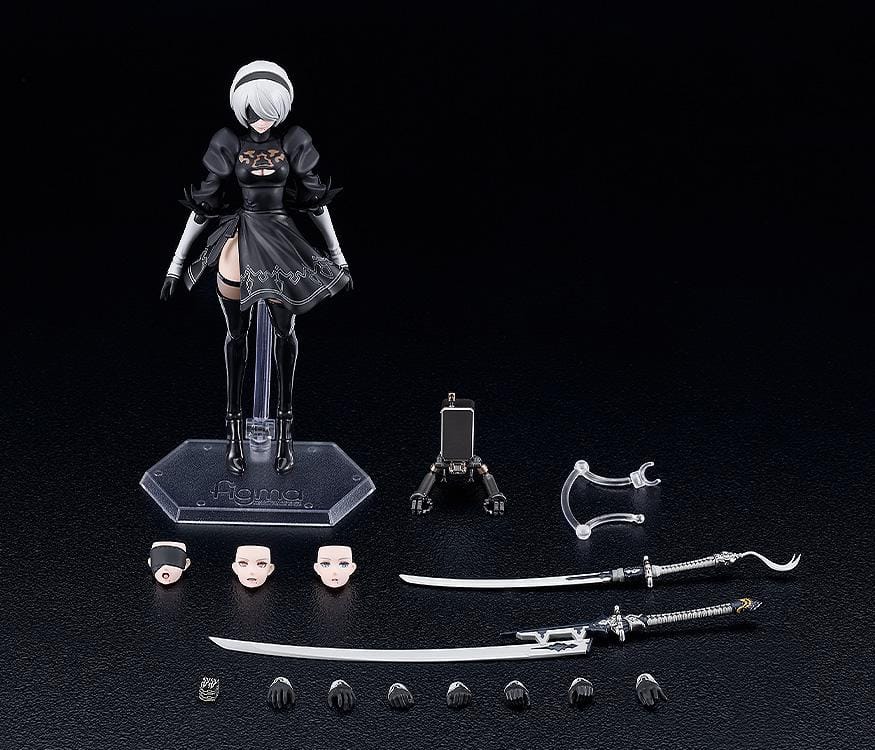 NieR Ver1.1a figma 2B figure with silver hair, a black visor, patterned black outfit, white sleeves, glossy boots, and a support robot.