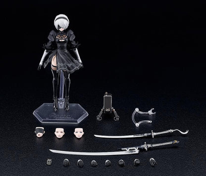 NieR Ver1.1a figma 2B figure with silver hair, a black visor, patterned black outfit, white sleeves, glossy boots, and a support robot.