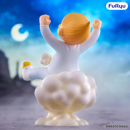 Zatch Bell Muchute Kanchome figure wearing a white outfit with blue and yellow accents while riding on a cloud-style display base