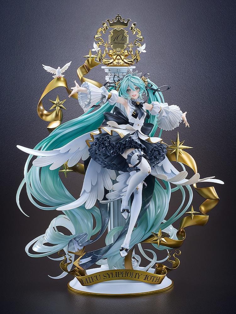 Hatsune Miku Symphony 10th Anniversary Ver. 1/7 scale figure with flowing turquoise hair, doves, gold ribbons, stars, and an ornate dress.