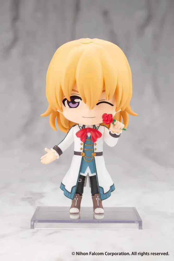 Trails in the Sky Oshi Works Mini Olivier Lenheim figure with blond hair, a winking expression, white and teal coat, red neck bow, and red rose.