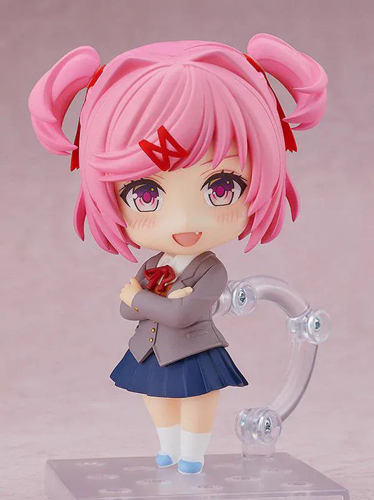 Natsuki Nendoroid figure from Doki Doki Literature Club with pink twin pigtails chibi anime figure