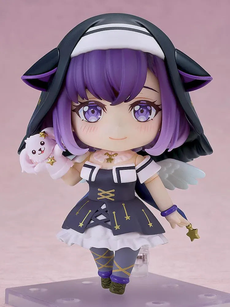BanG Dream! Nendoroid Miyako Fuji figure with purple hair, a black hood, gold star details, white wings, and a pink character companion.