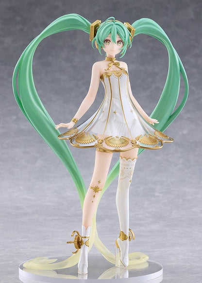 Hatsune Miku POP UP PARADE Symphony 2020 Ver. L Size Figure featuring long turquoise twin-tails, green eyes, an elegant white dress with gold detailing, decorative stockings, and matching gold accessories.