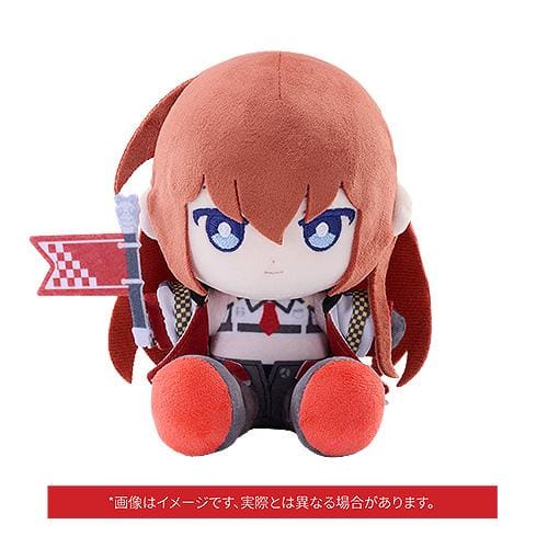 STEINS;GATE Kurisu Makise Racing Ver. set featuring a 1/7 scale figure on a road-inspired base and a matching seated plushie, both with red flags.