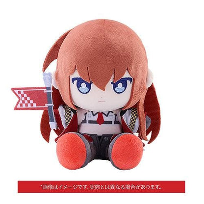 STEINS;GATE Kurisu Makise Racing Ver. set featuring a 1/7 scale figure on a road-inspired base and a matching seated plushie, both with red flags.