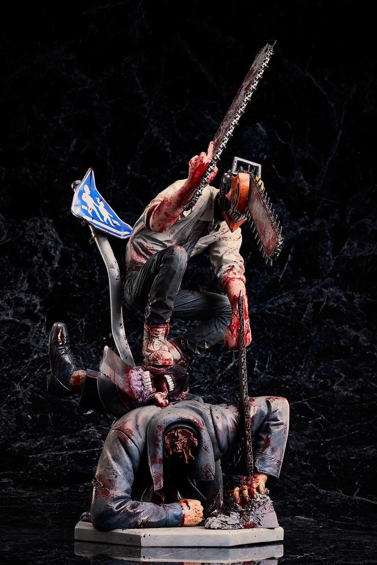 Chainsaw Man Takayuki Takeya Ver. 1/6 Scale Figure dynamic battle scene with Denji holding dual chainsaws over defeated enemy