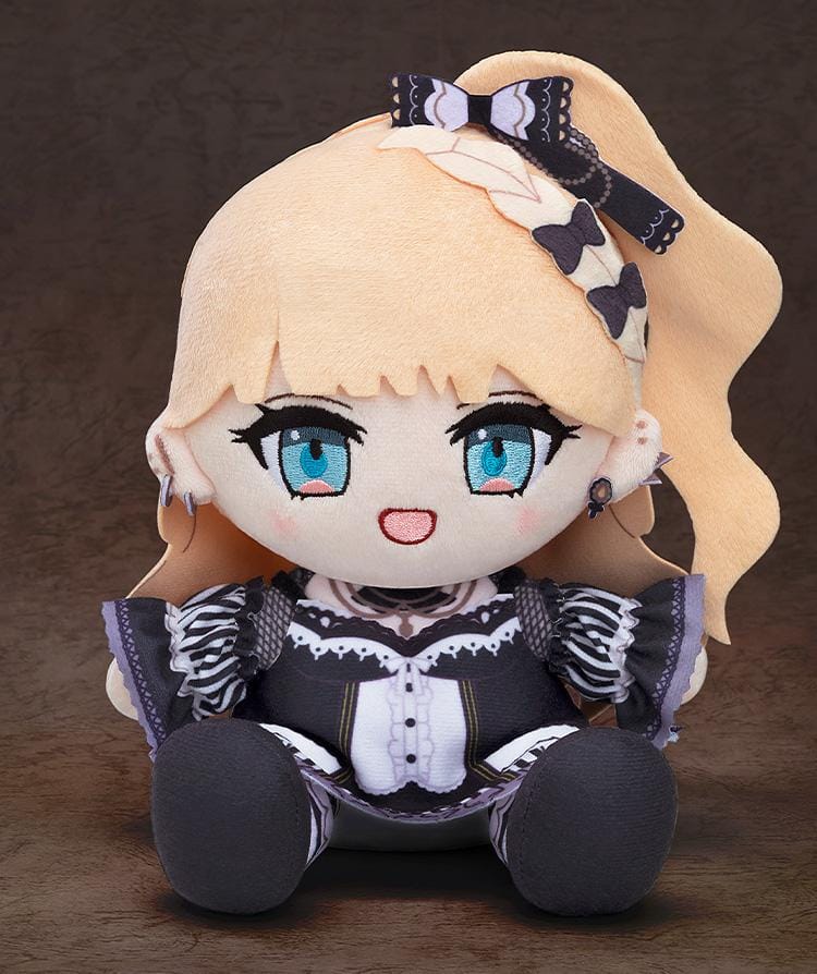 Magical Girl Witch Trials Plushie Miria Saeki featuring Miria in a soft chibi-style seated plush design with blonde hair, blue eyes, bow detail, and black-and-white gothic-inspired outfit.