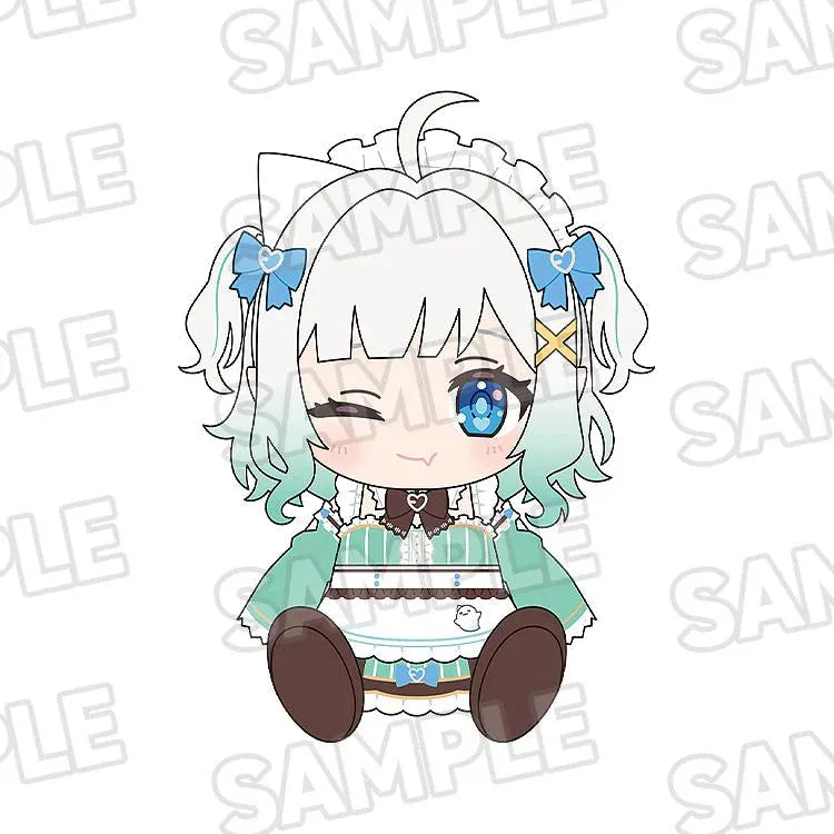 Sample illustration of the Mint Fantôme plushie with a winking expression, white and mint-green hair, blue bows, and a mint maid outfit.