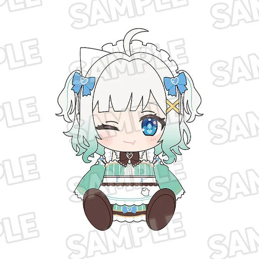 Sample illustration of the Mint Fantôme plushie with a winking expression, white and mint-green hair, blue bows, and a mint maid outfit.