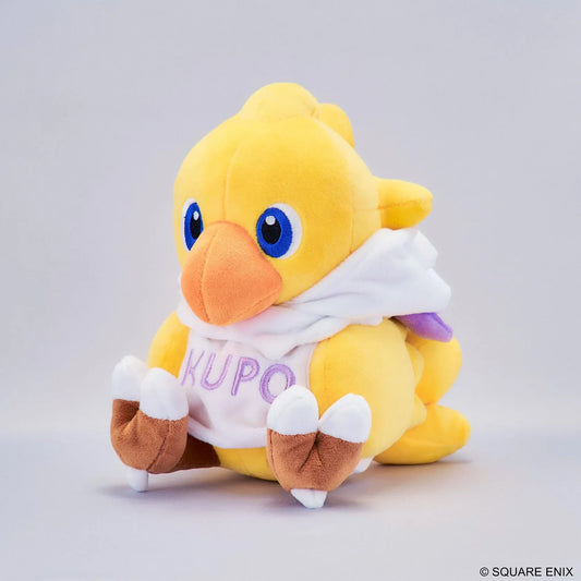 Final Fantasy Chocobo Moogle Hoodie Ver. Plush with yellow Chocobo, white Moogle hoodie, KUPO lettering, pom-pom detail, and seated plush design