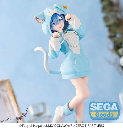 Re:Zero Rem Mofumofu Pack figure wearing blue cat-hoodie dress and posing with raised paws
