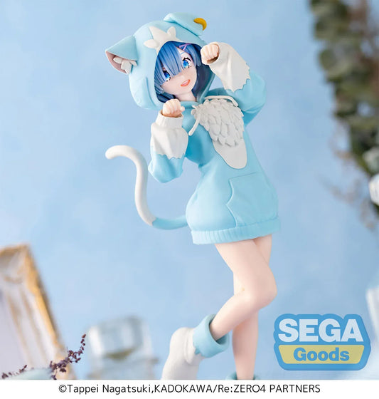 Re:Zero Rem Mofumofu Pack figure wearing blue cat-hoodie dress and posing with raised paws