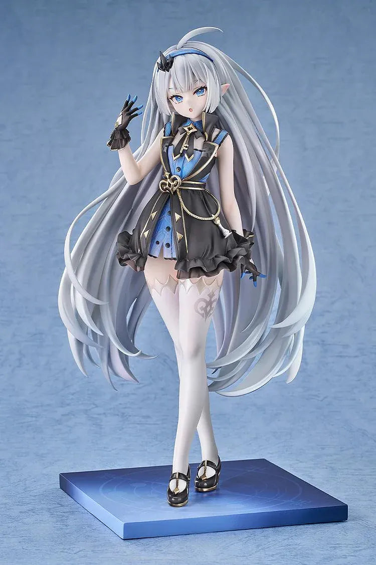 Stella Sora female Tyrant 1/7 scale figure with long silver-blue hair, a black-and-blue ruffled outfit, white stockings, and a blue display base.
