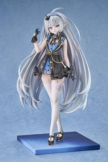Stella Sora female Tyrant 1/7 scale figure with long silver-blue hair, a black-and-blue ruffled outfit, white stockings, and a blue display base.