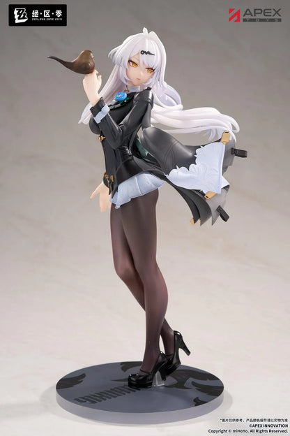 Zenless Zone Zero Limepie Yixuan Trails of Ink Ver. 1/8 Scale Figure by APEX Toys featuring a white-haired anime woman with golden eyes wearing a black outfit with white embroidered accents, sheer stockings, and black heels while holding a small brown bird on a circular display base.