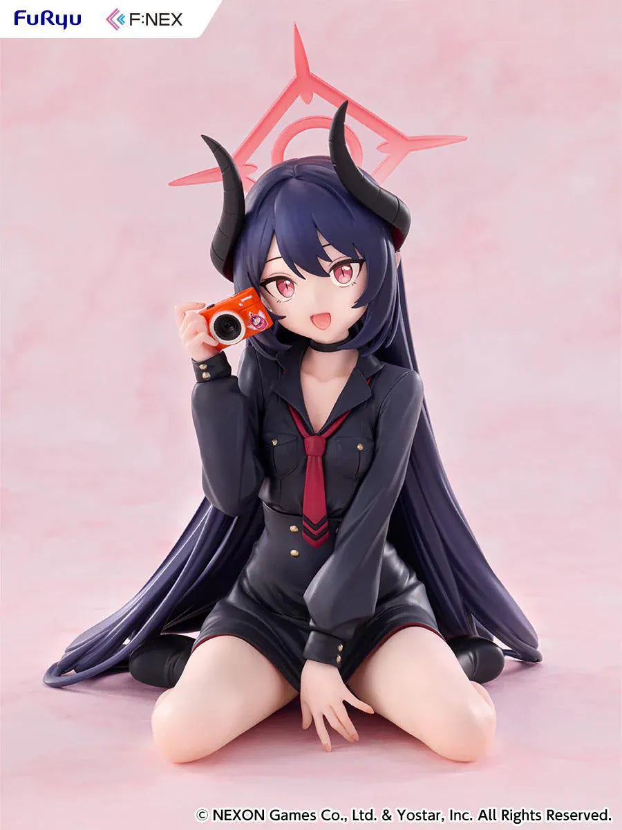 Blue Archive Chiaki Memorial Lobby Ver. 1/7 Scale Figure seated with dark outfit, horn details, pink halo, and camera accessory
