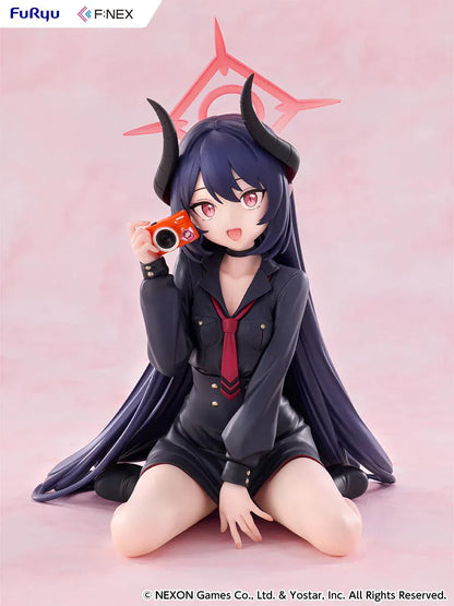 Blue Archive Chiaki Memorial Lobby Ver. 1/7 Scale Figure seated with dark outfit, horn details, pink halo, and camera accessory