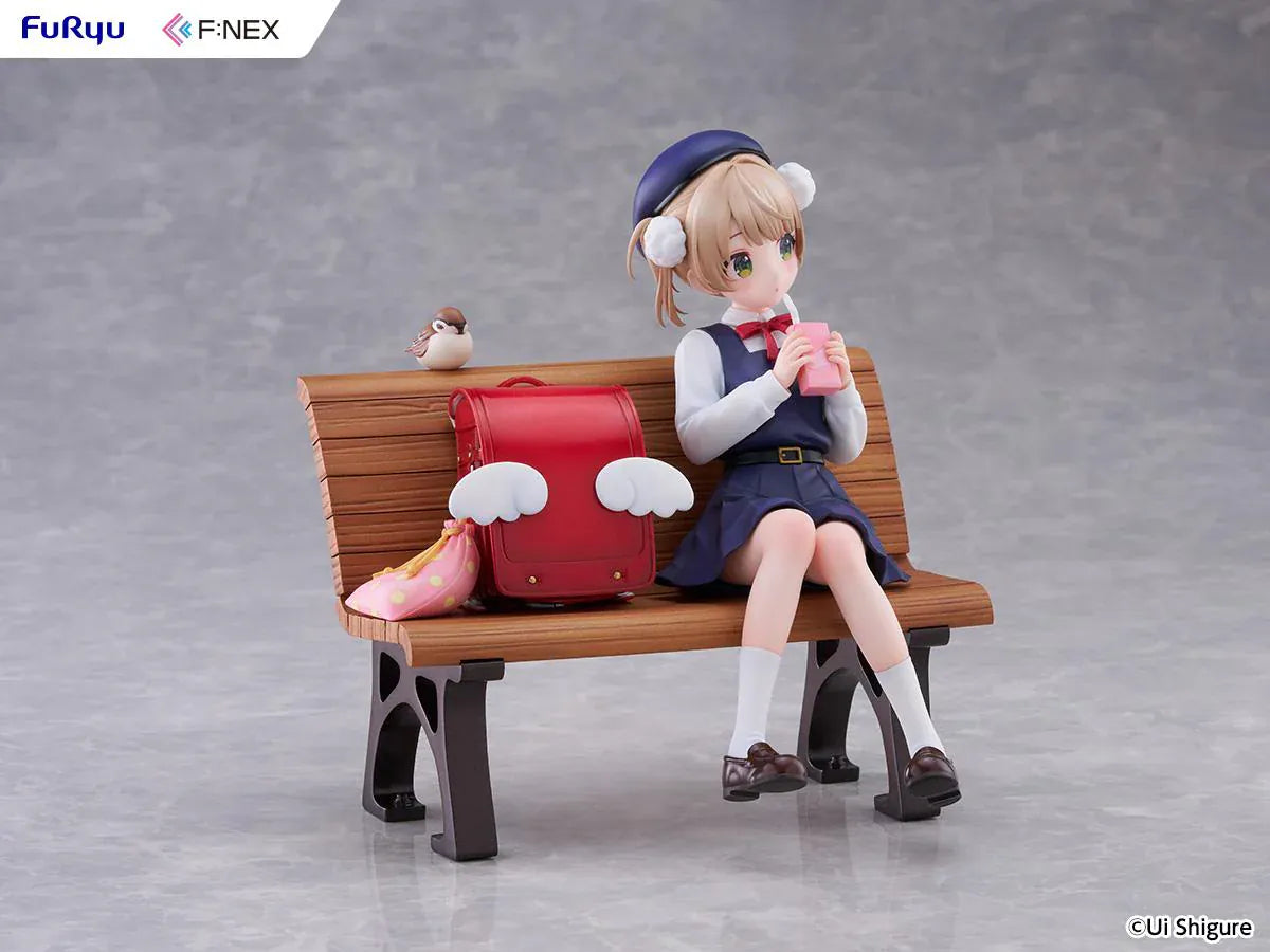 Ui Shigure Ui Shigure 9 Years Old 1/7 Scale Figure seated on a park bench with school bag, drink, and bird companion