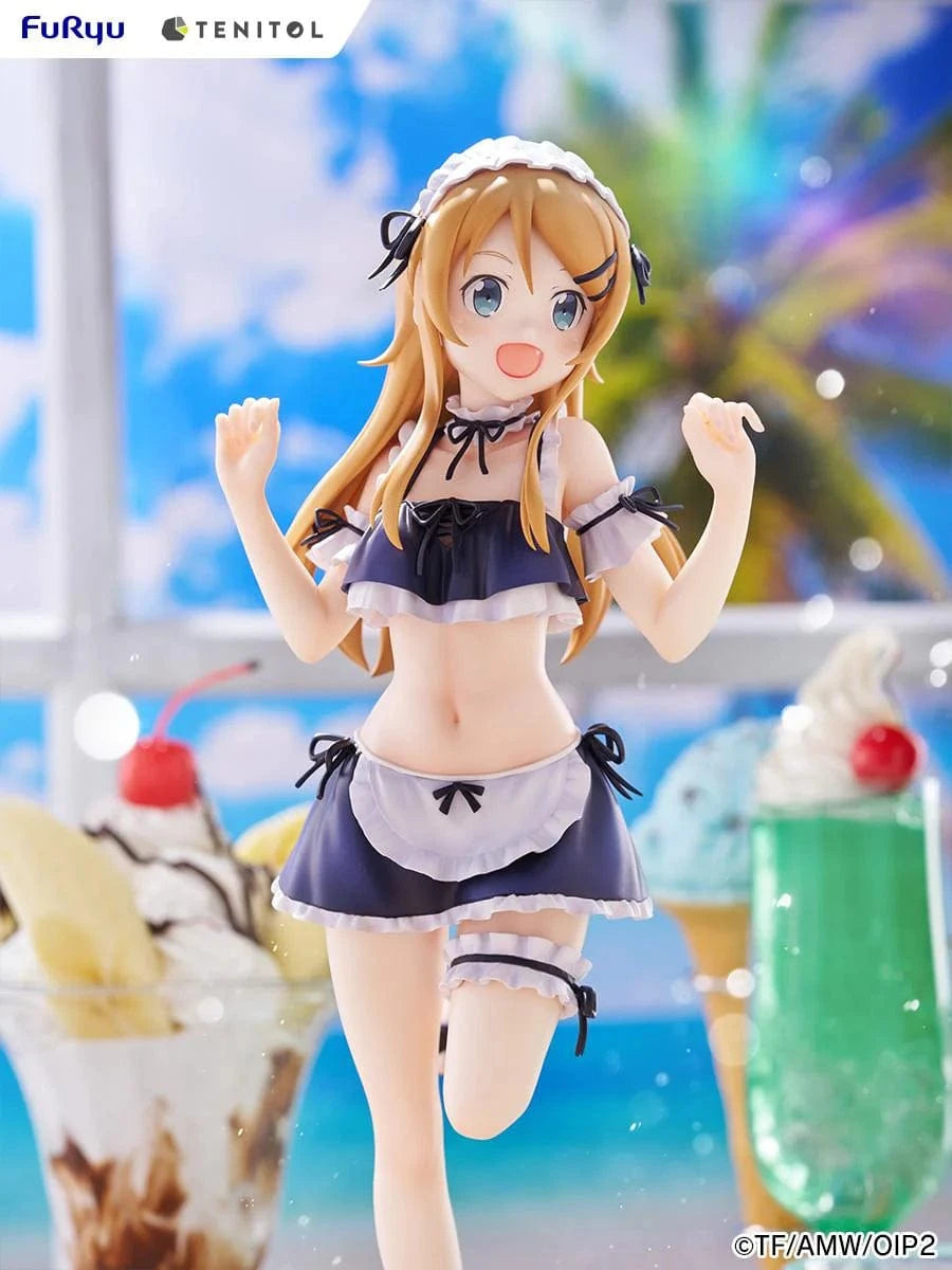 Oreimo Tenitol Tall Kirino Kousaka Swimsuit Maid Ver. Figure featuring Kirino in a navy and white maid swimsuit posing energetically by a beachside dessert setup