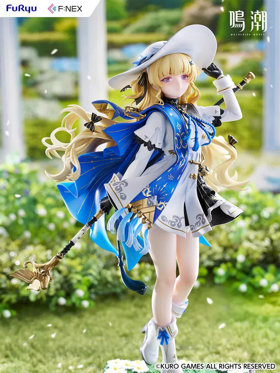 Wuthering Waves Phoebe 1/7 scale figure by FuRyu F:NEX featuring blue and white outfit with staff on floral garden base