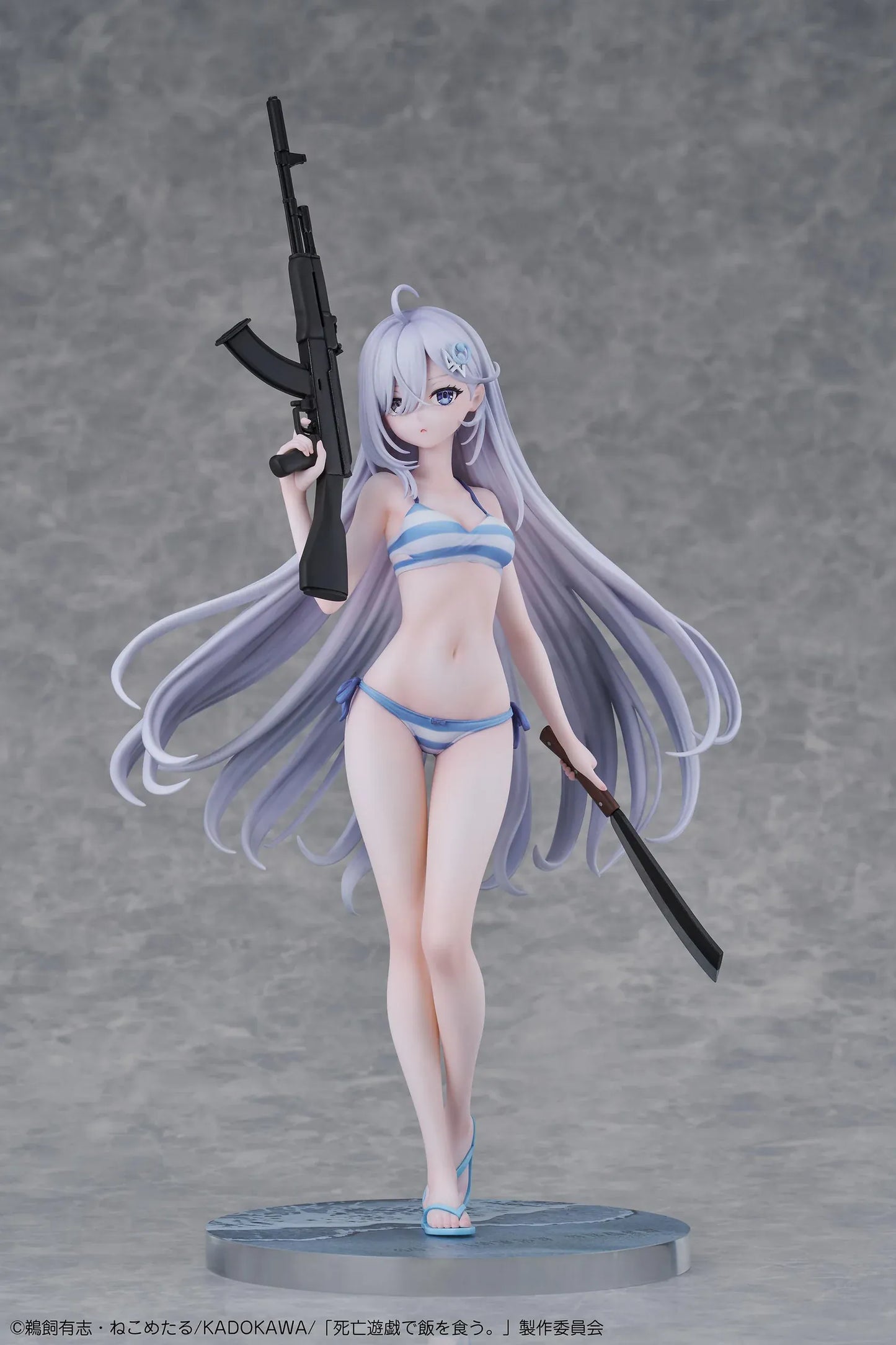 Playing Death Games to Put Food on the Table Yuki 1/7 Scale Figure with long silver hair, blue-and-white outfit, rifle, blade accessory, and display base