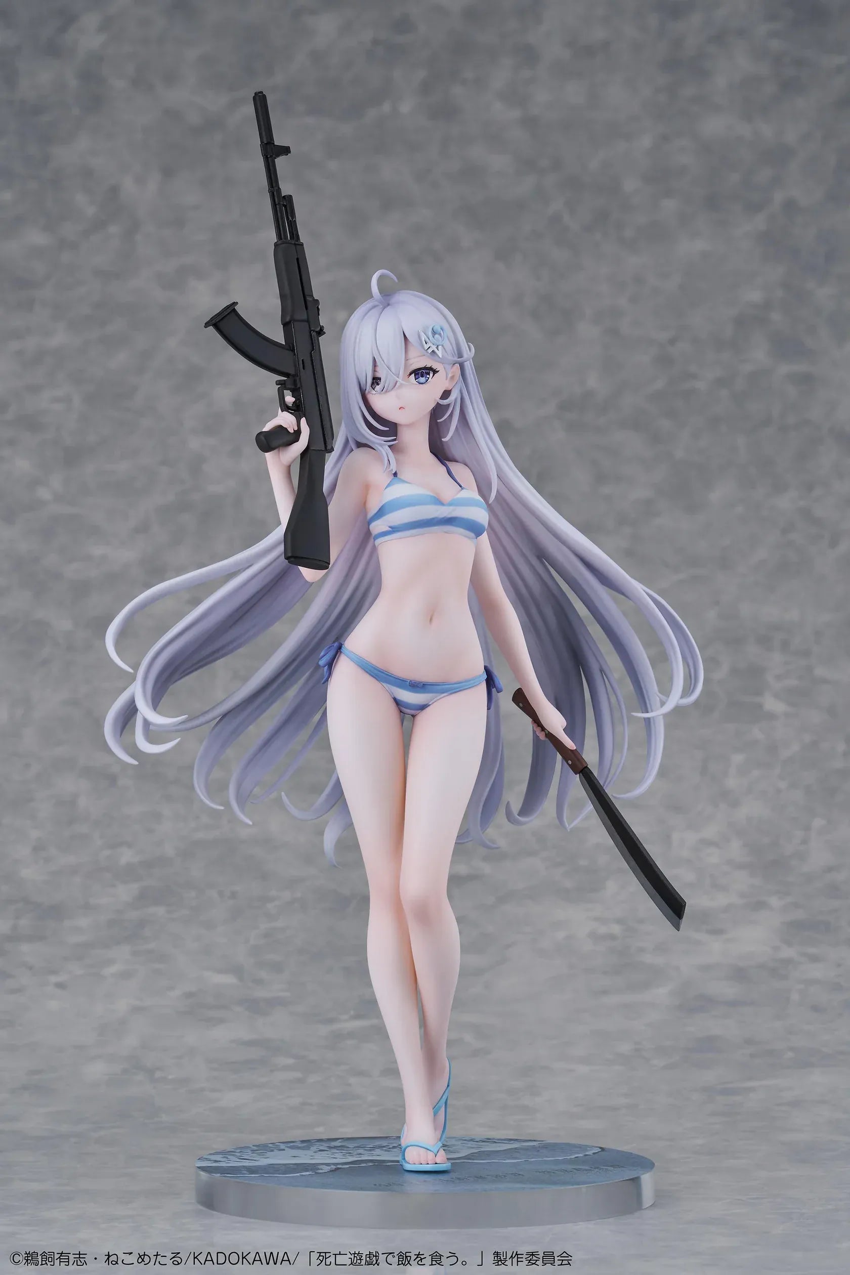Playing Death Games to Put Food on the Table Yuki 1/7 Scale Figure with long silver hair, blue-and-white outfit, rifle, blade accessory, and display base
