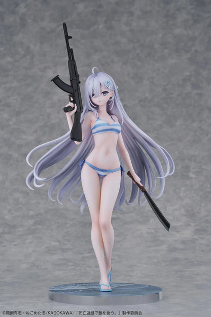 Playing Death Games to Put Food on the Table Yuki 1/7 Scale Figure with long silver hair, blue-and-white outfit, rifle, blade accessory, and display base