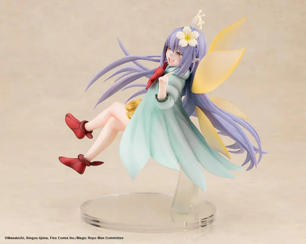 Magic Repo Man Empee 1/1 Scale Figure featuring a cheerful lavender-haired fairy with golden wings, a yellow dress, mint-green jacket, red bow, and matching shoes in a playful floating pose.