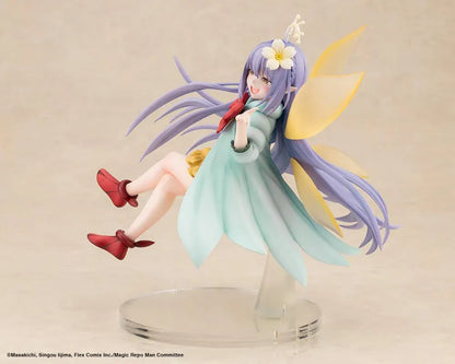 Magic Repo Man Empee 1/1 Scale Figure featuring a cheerful lavender-haired fairy with golden wings, a yellow dress, mint-green jacket, red bow, and matching shoes in a playful floating pose.