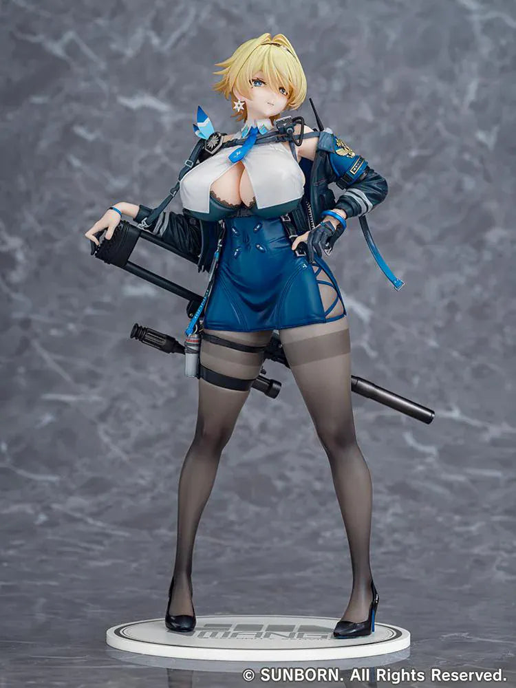 Girls' Frontline 2 Exilium Nikketa 1/6 Scale Figure with blonde hair, blue tactical outfit, weapon accessory styling, stockings, and display base