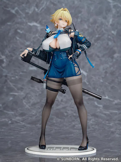 Girls' Frontline 2 Exilium Nikketa 1/6 Scale Figure with blonde hair, blue tactical outfit, weapon accessory styling, stockings, and display base