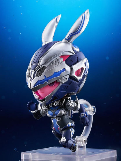 The First Descendant Nendoroid Bunny Figure with blue and silver futuristic armor, bunny helmet, pink visor, and chibi design
