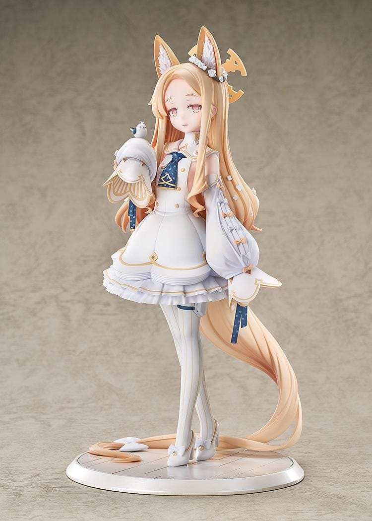 Blue Archive Seia 1/7 Scale Figure with long blonde hair, fox-like ears, white-and-gold outfit, halo, bird companion, and display base