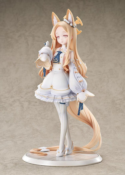 Blue Archive Seia 1/7 Scale Figure with long blonde hair, fox-like ears, white-and-gold outfit, halo, bird companion, and display base