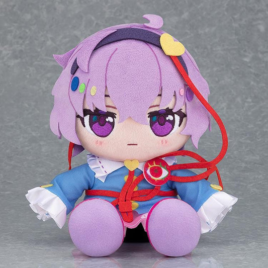 Touhou Lost Word Chocopuni Satori Komeiji plush with lavender hair, purple eyes, a blue outfit, yellow heart accents, and red looping cords.