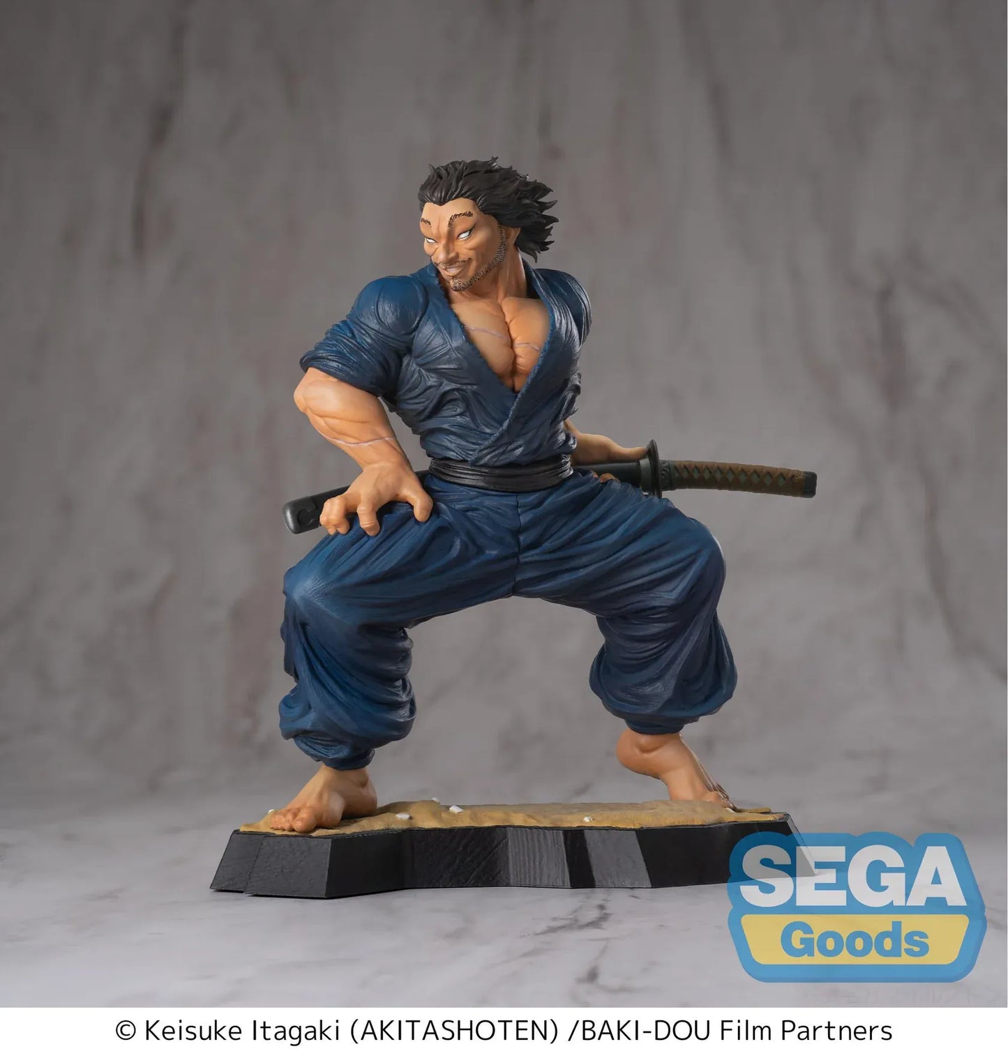 Baki Hanma Luminasta Musashi Miyamoto Figure in dark blue outfit with sword accessories and battle-ready pose